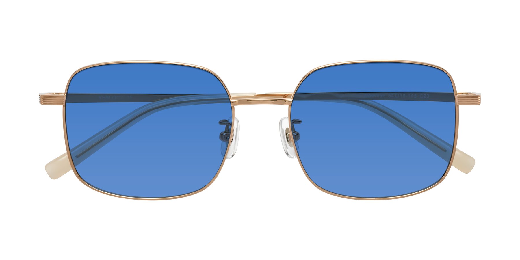 Folded Front of Newman in Rose Gold with Blue Tinted Lenses