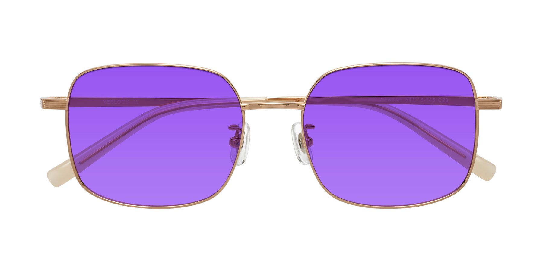 Folded Front of Newman in Rose Gold with Purple Tinted Lenses