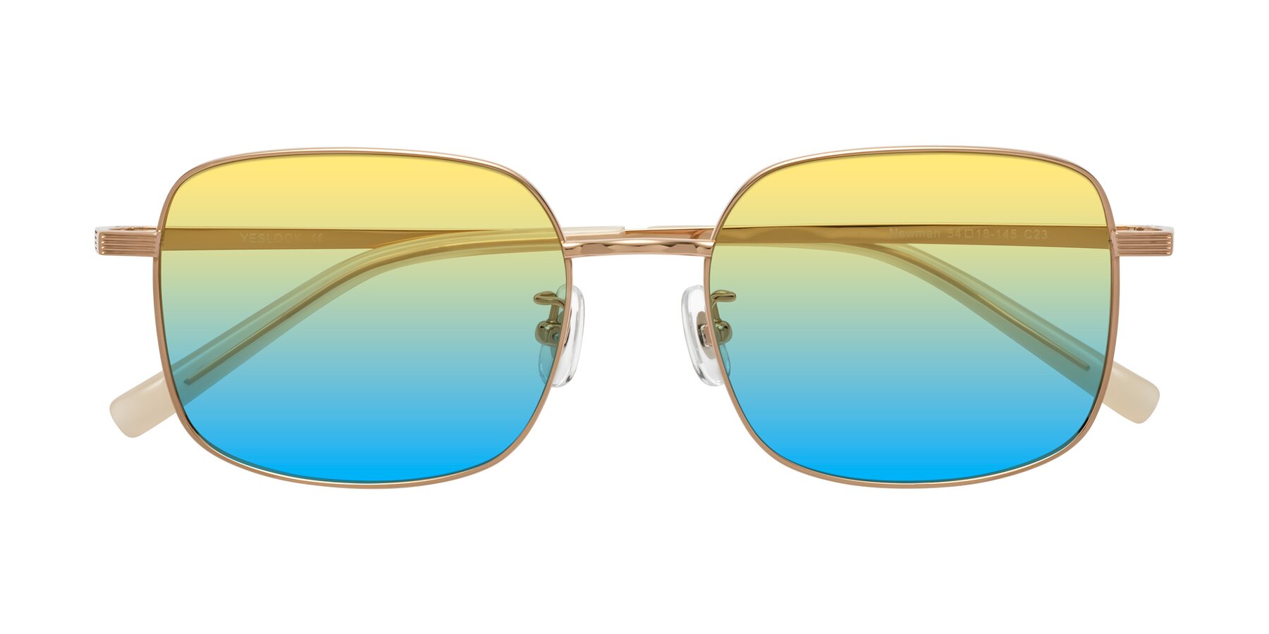 Folded Front of Newman in Rose Gold with Yellow / Blue Gradient Lenses