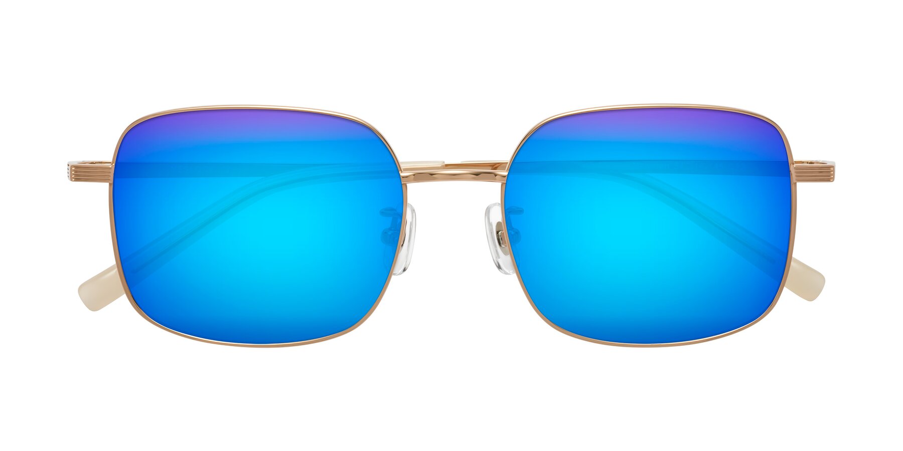 Folded Front of Newman in Rose Gold with Blue Mirrored Lenses