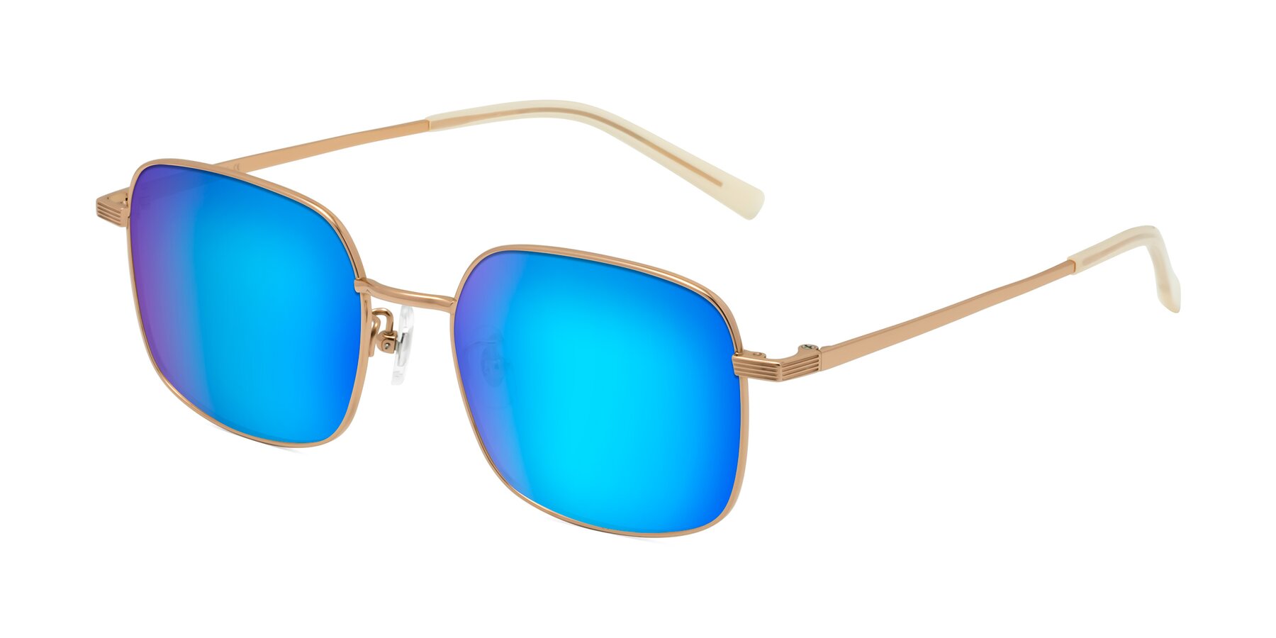 Angle of Newman in Rose Gold with Blue Mirrored Lenses