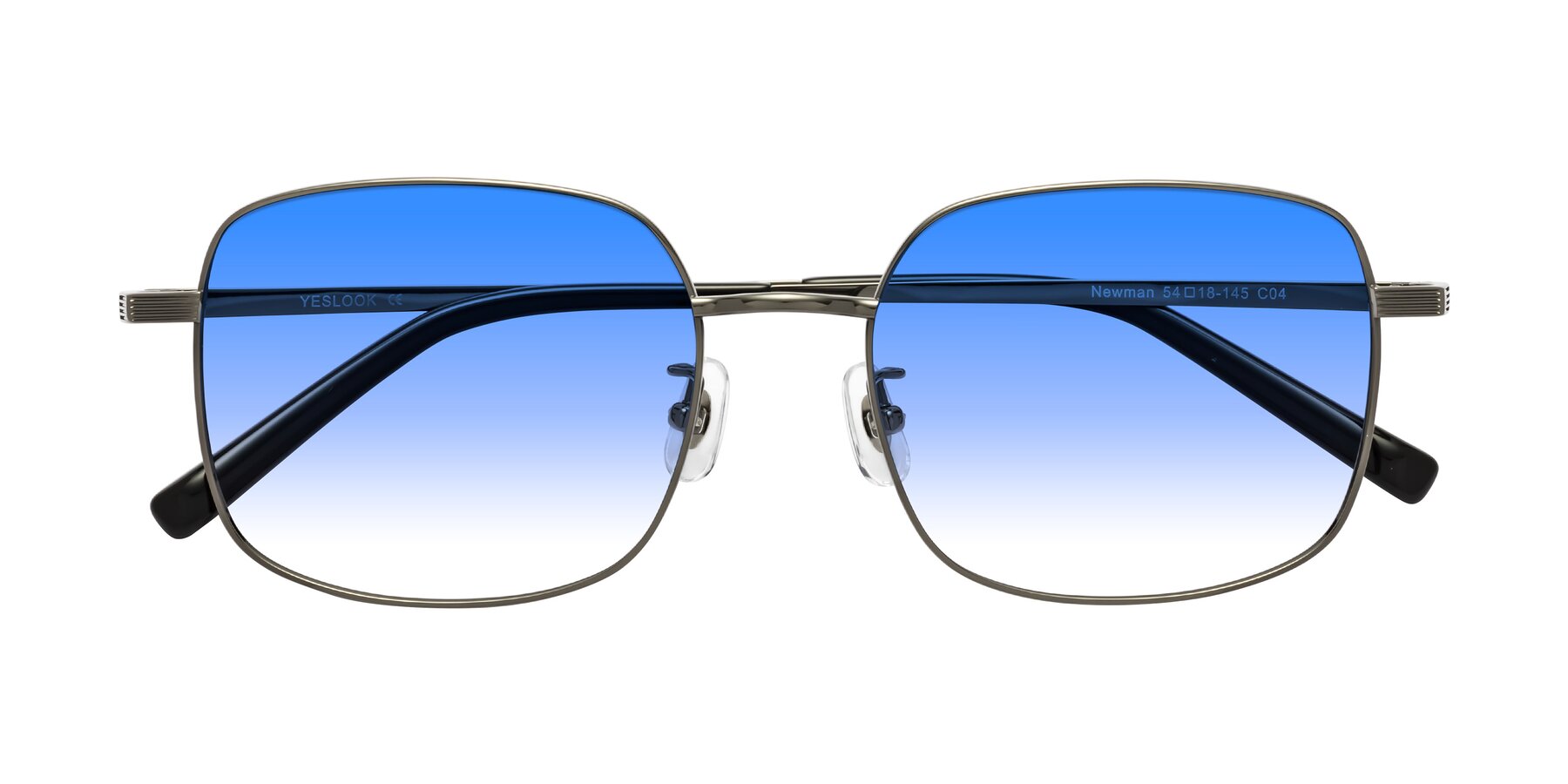 Folded Front of Newman in Gunmetal with Blue Gradient Lenses