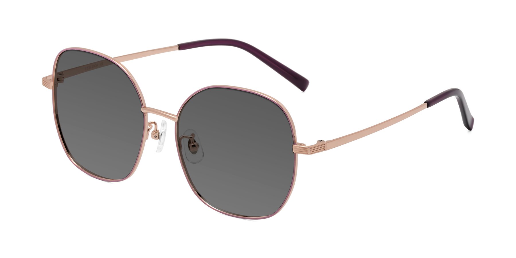 Angle of Zissy in Pink-Rose Gold with Medium Gray Tinted Lenses