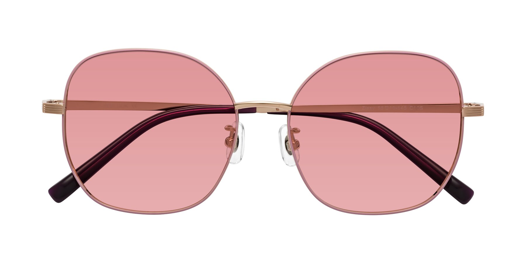 Folded Front of Zissy in Pink-Rose Gold with Medium Garnet Tinted Lenses