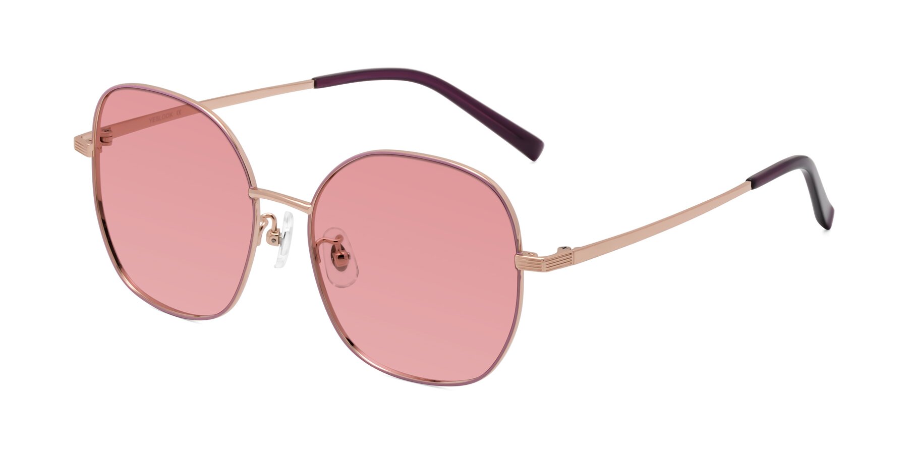 Angle of Zissy in Pink-Rose Gold with Medium Garnet Tinted Lenses