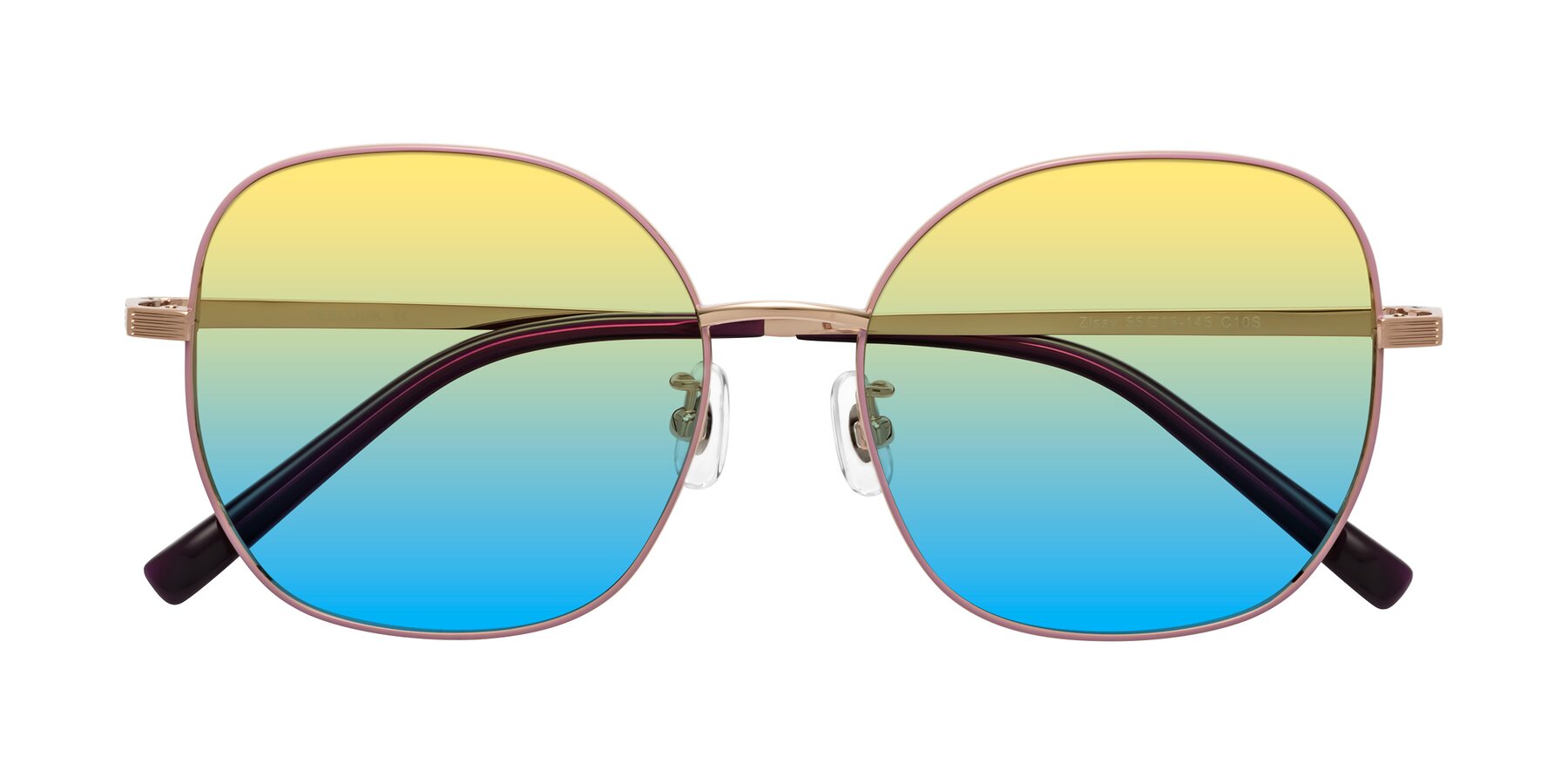 Folded Front of Zissy in Pink-Rose Gold with Yellow / Blue Gradient Lenses
