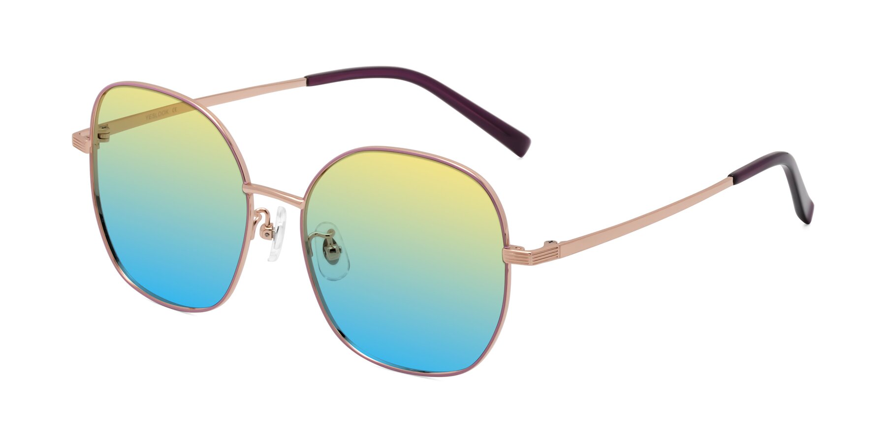 Angle of Zissy in Pink-Rose Gold with Yellow / Blue Gradient Lenses