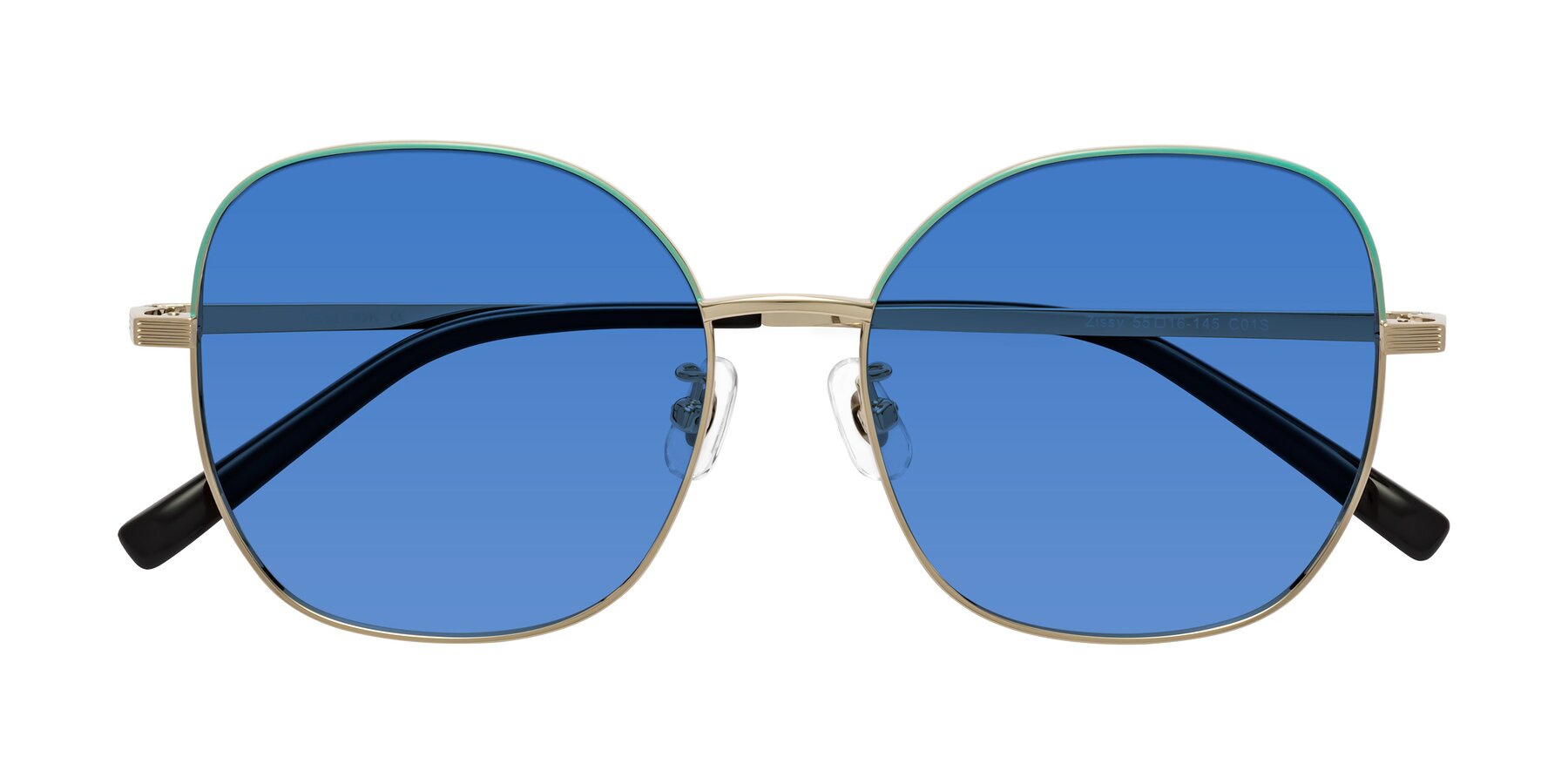 Folded Front of Zissy in Teal-Light Gold with Blue Tinted Lenses