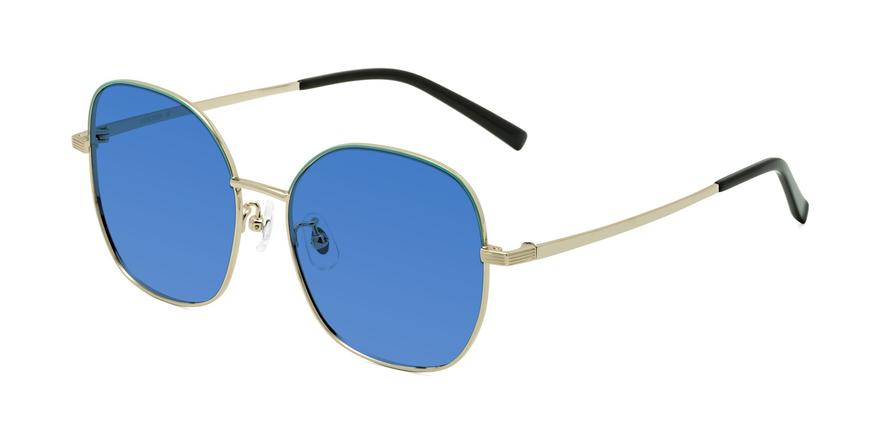 Angle of Zissy in Teal-Light Gold with Blue Tinted Lenses