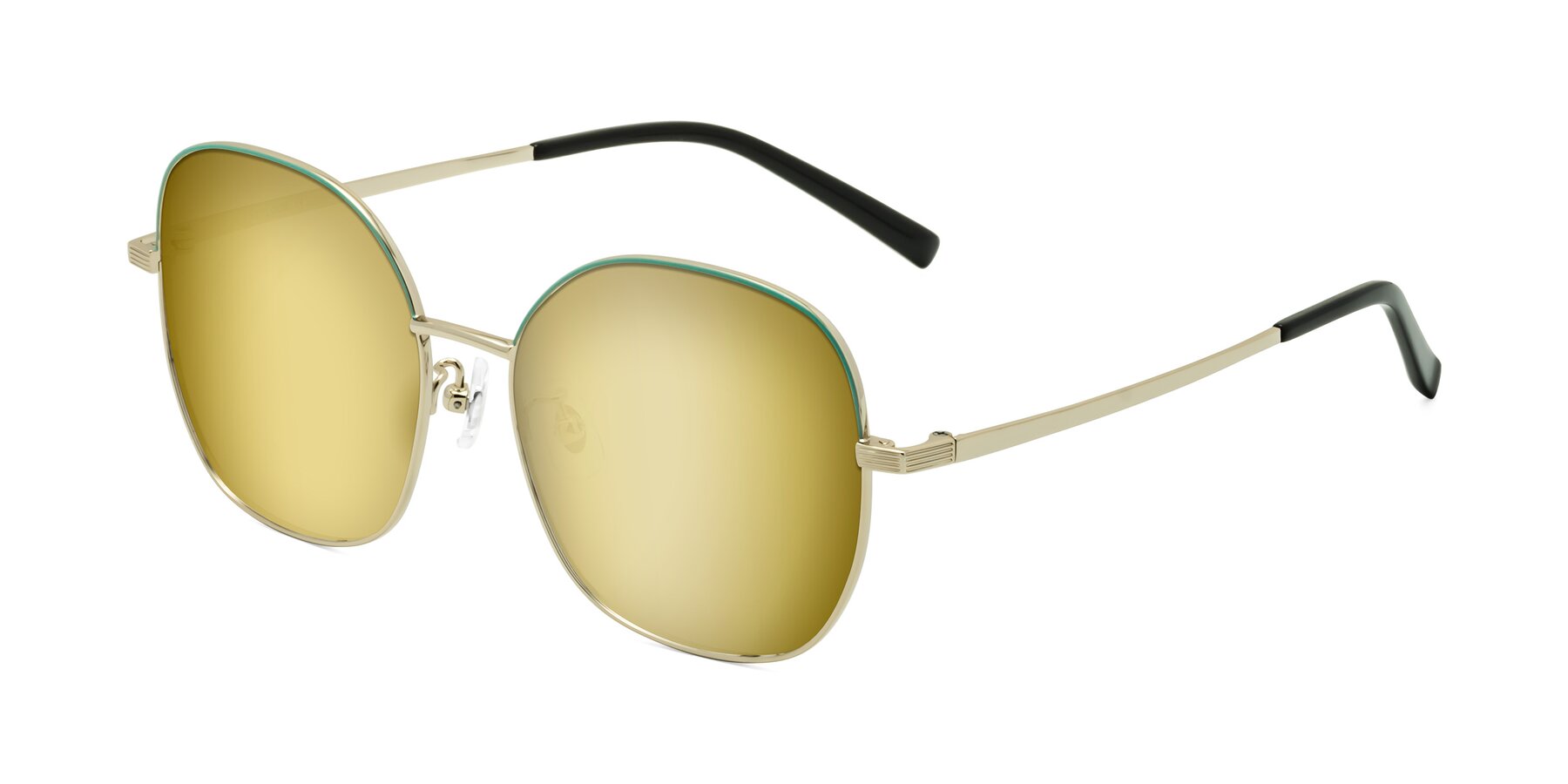 Angle of Zissy in Teal-Light Gold with Gold Mirrored Lenses