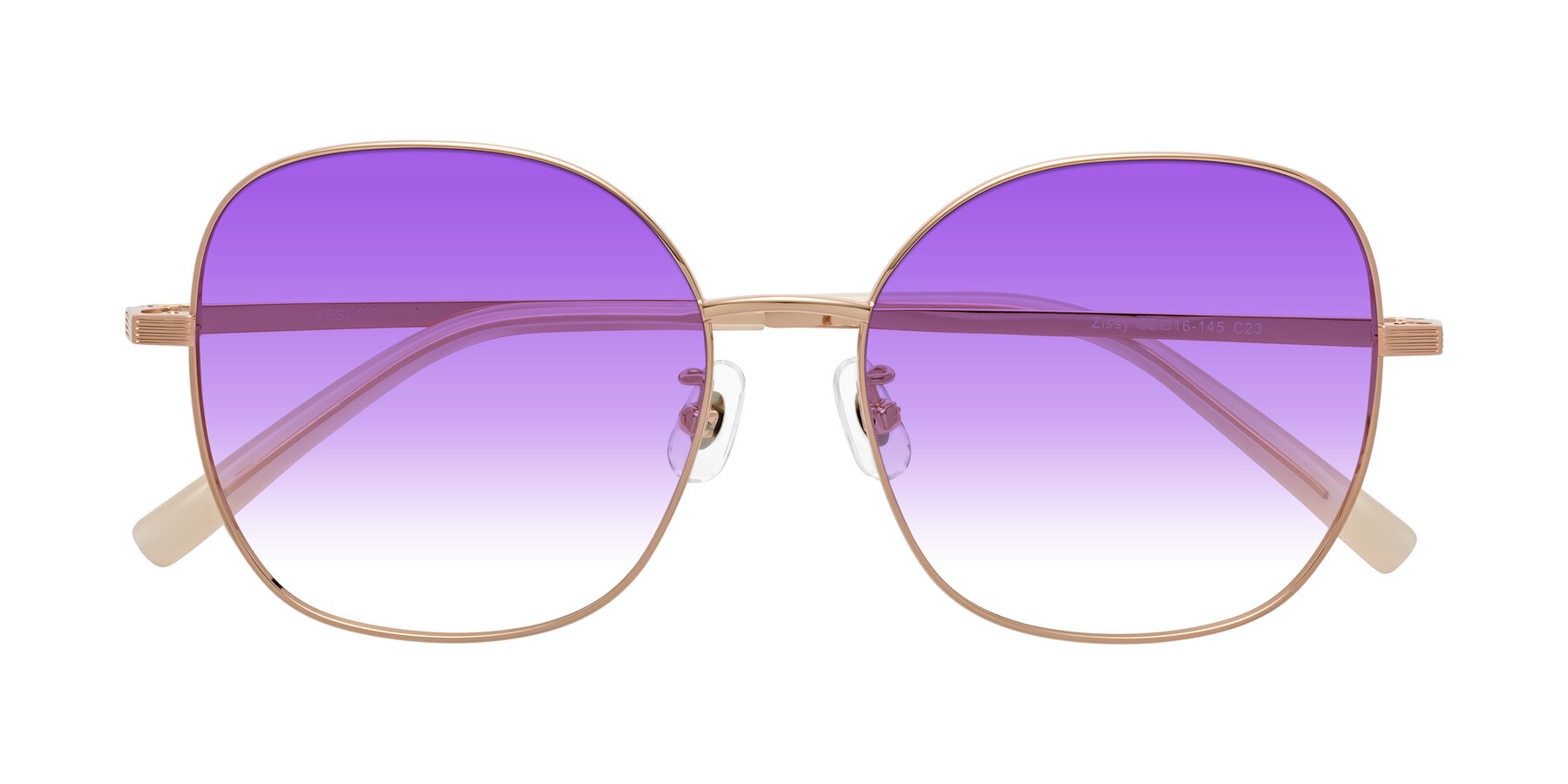 Folded Front of Zissy in Rose Gold with Purple Gradient Lenses