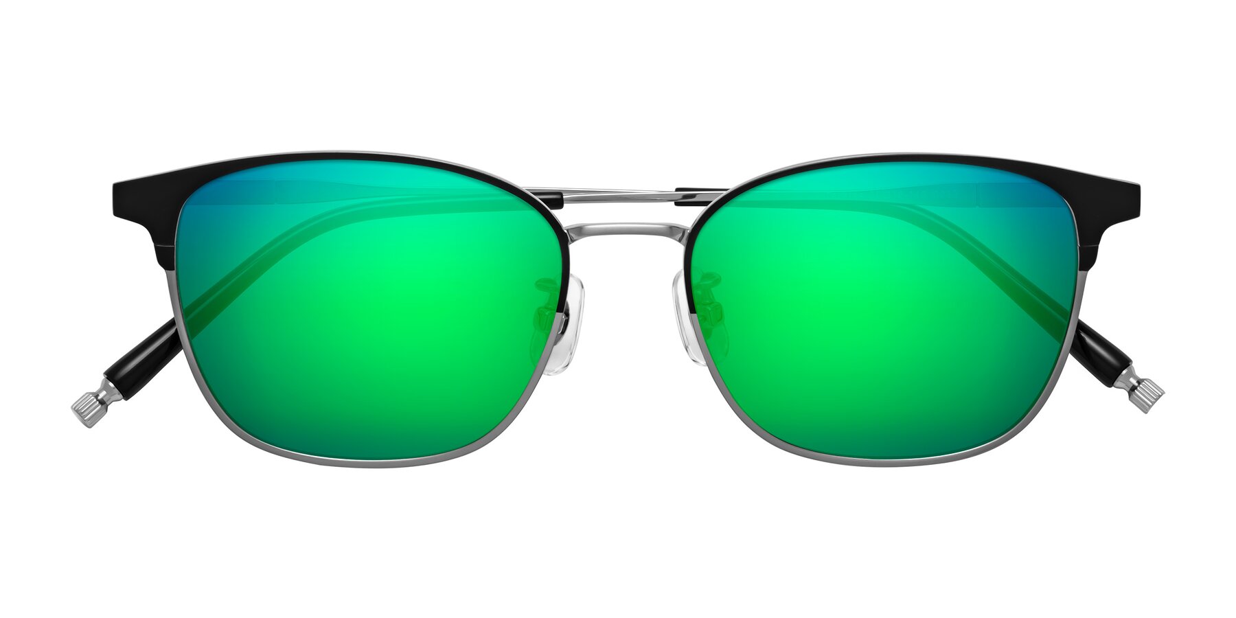 Folded Front of Tavares in Matte Black-Silver with Green Mirrored Lenses