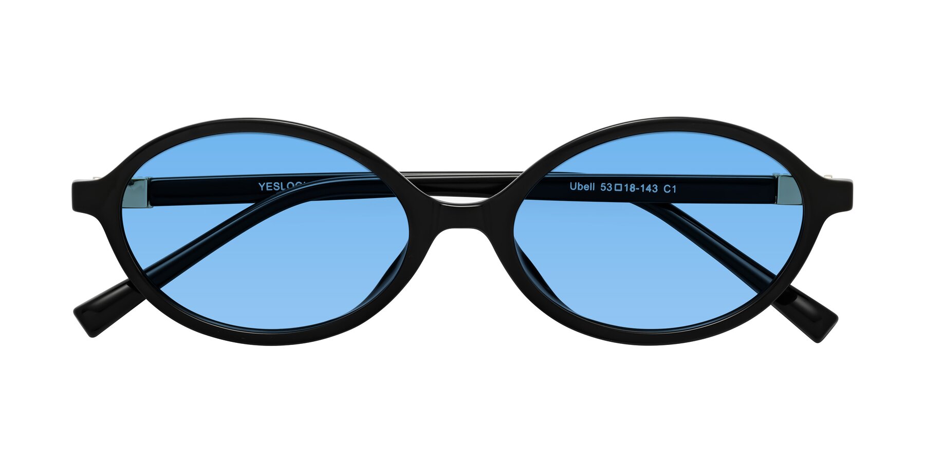 Folded Front of Ubell in Black with Medium Blue Tinted Lenses