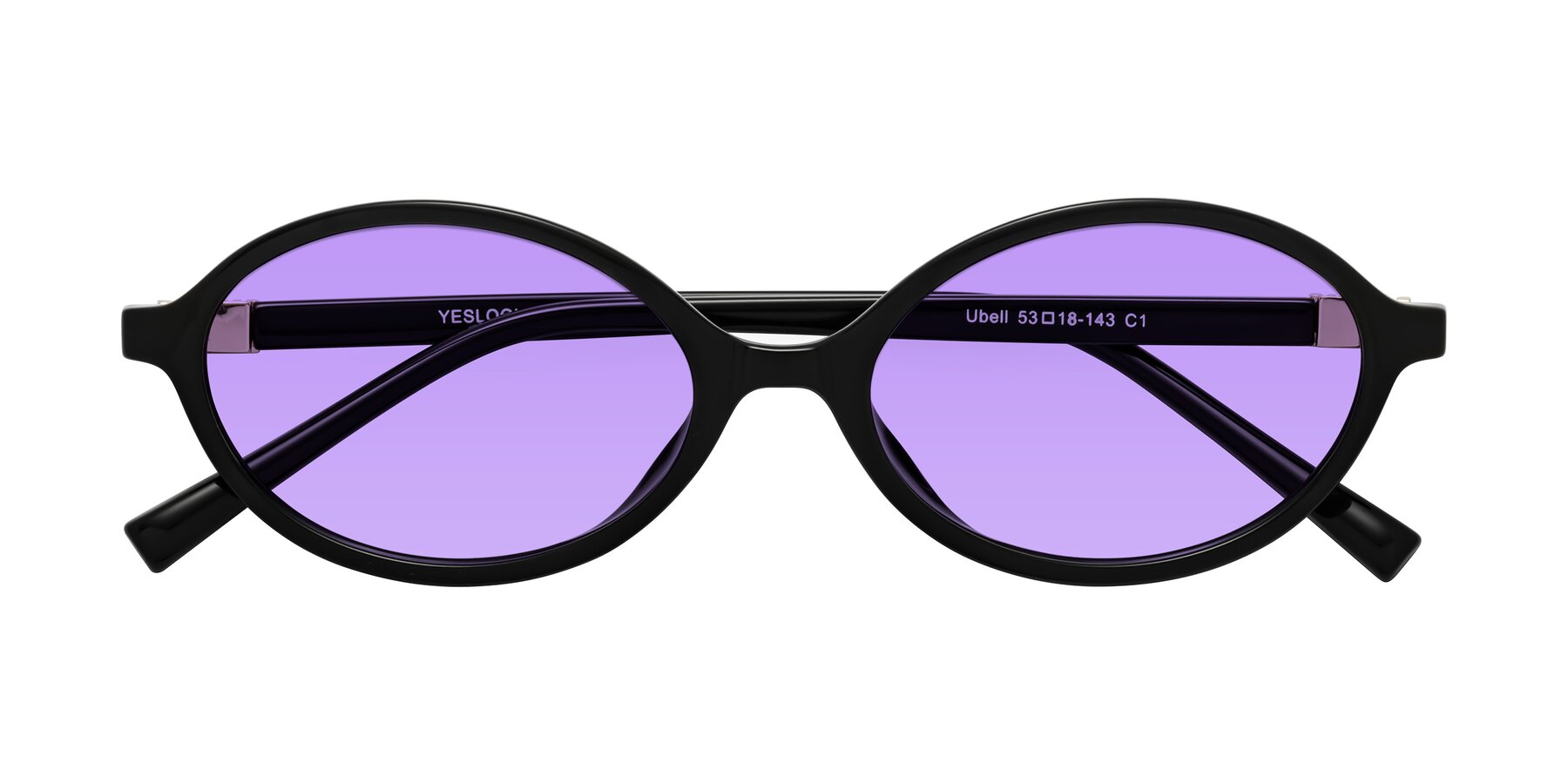 Folded Front of Ubell in Black with Medium Purple Tinted Lenses