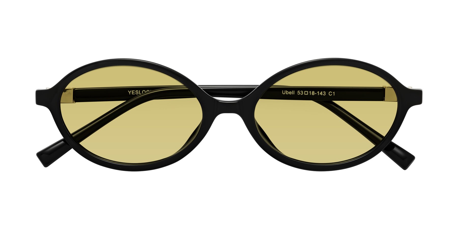 Folded Front of Ubell in Black with Medium Champagne Tinted Lenses