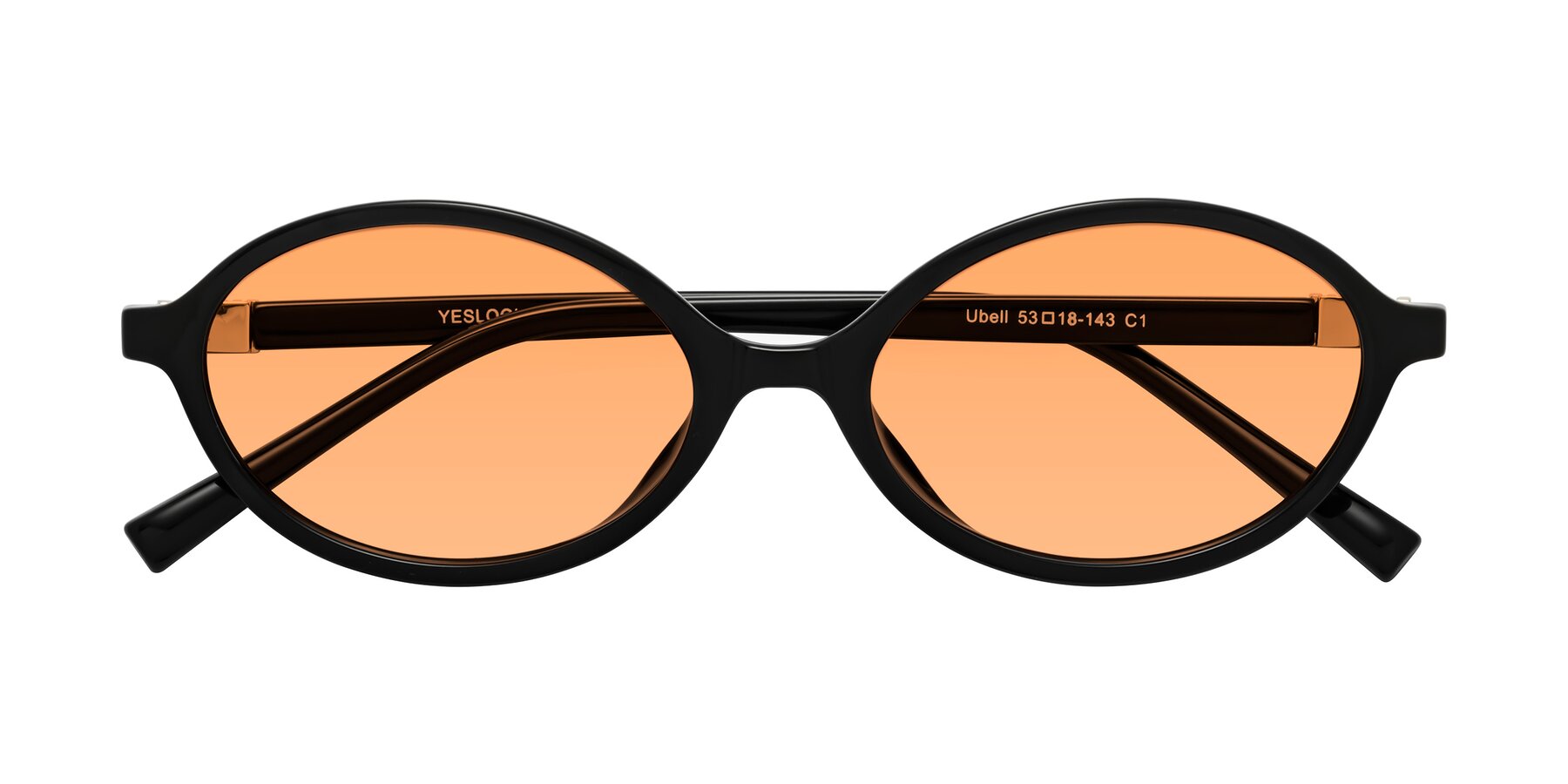 Folded Front of Ubell in Black with Medium Orange Tinted Lenses