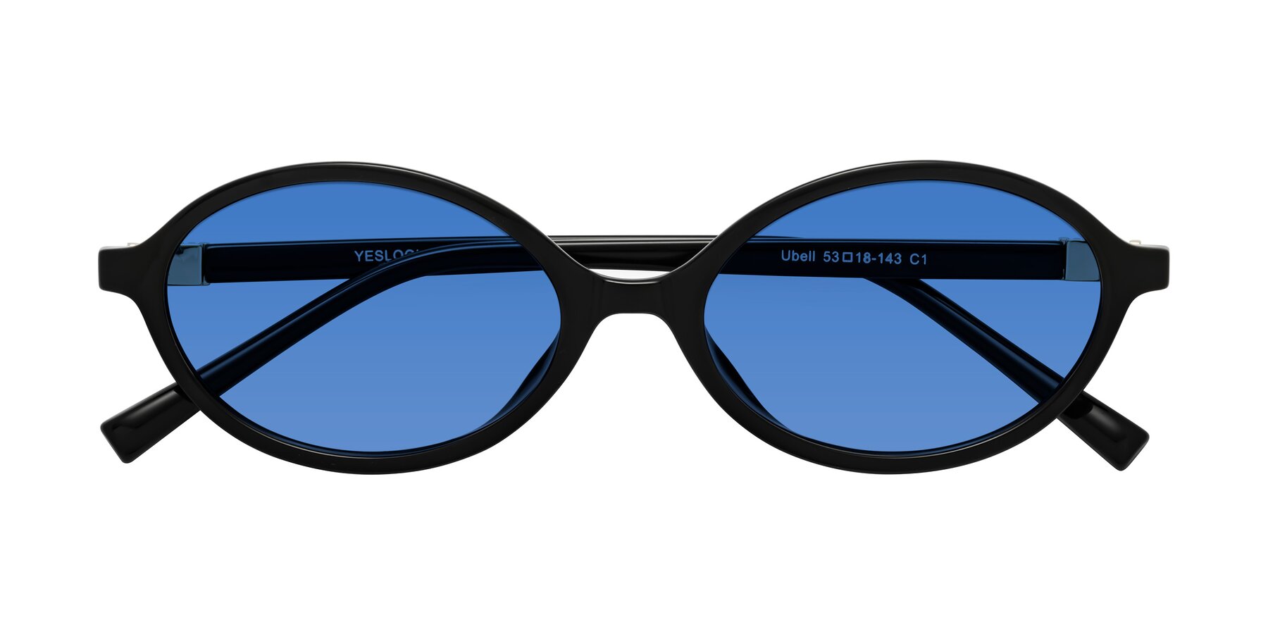 Folded Front of Ubell in Black with Blue Tinted Lenses