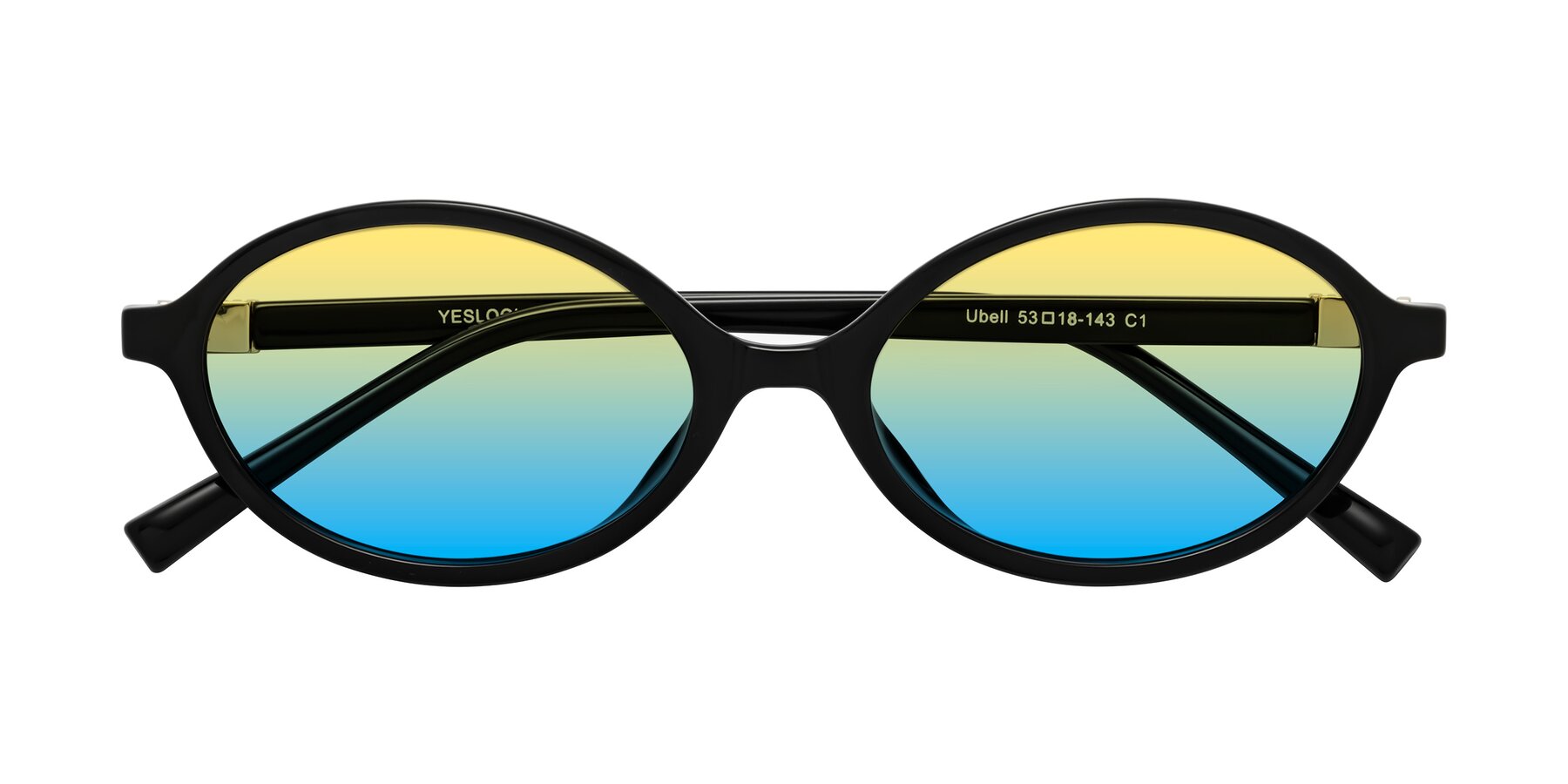 Folded Front of Ubell in Black with Yellow / Blue Gradient Lenses