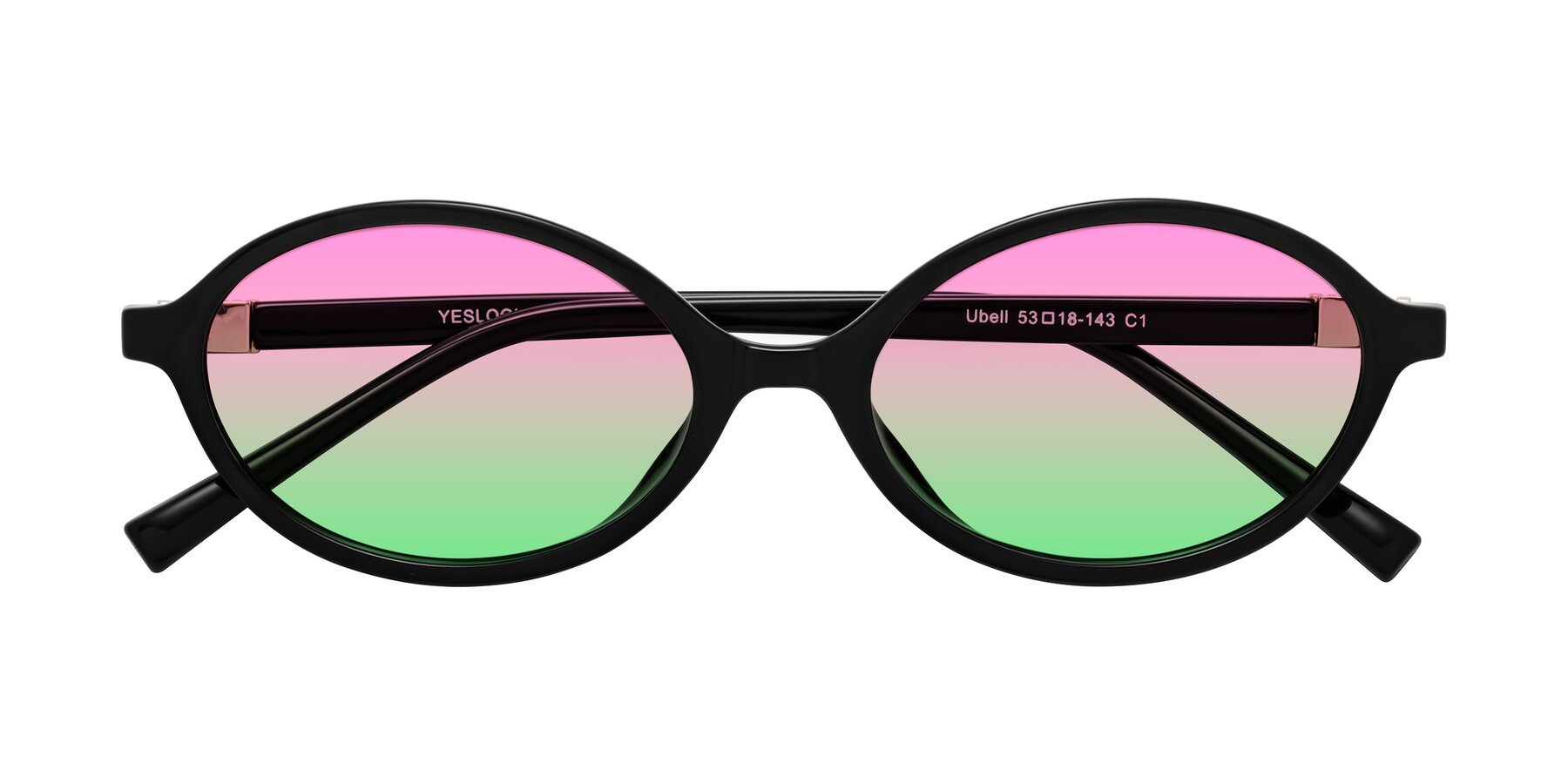 Folded Front of Ubell in Black with Pink / Green Gradient Lenses