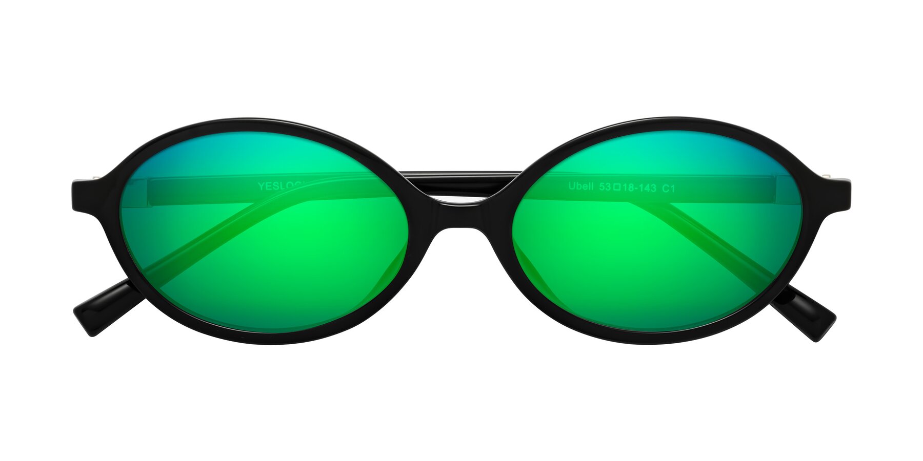 Folded Front of Ubell in Black with Green Mirrored Lenses