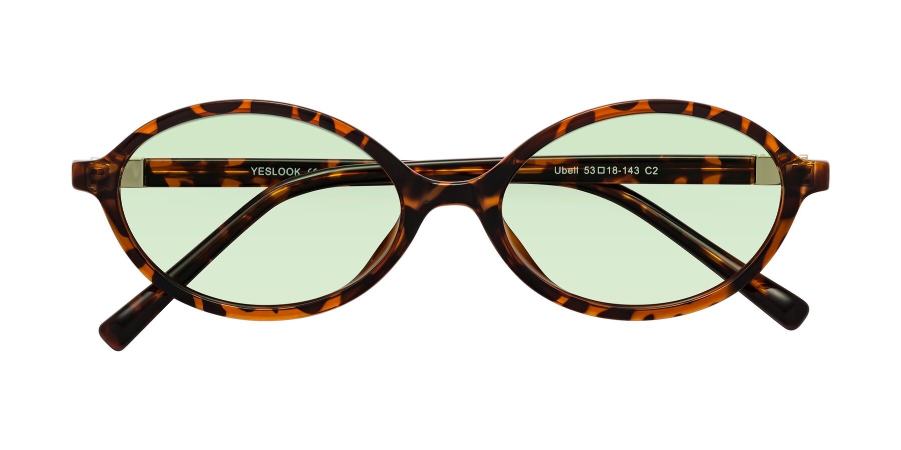 Folded Front of Ubell in Tortoise with Light Green Tinted Lenses