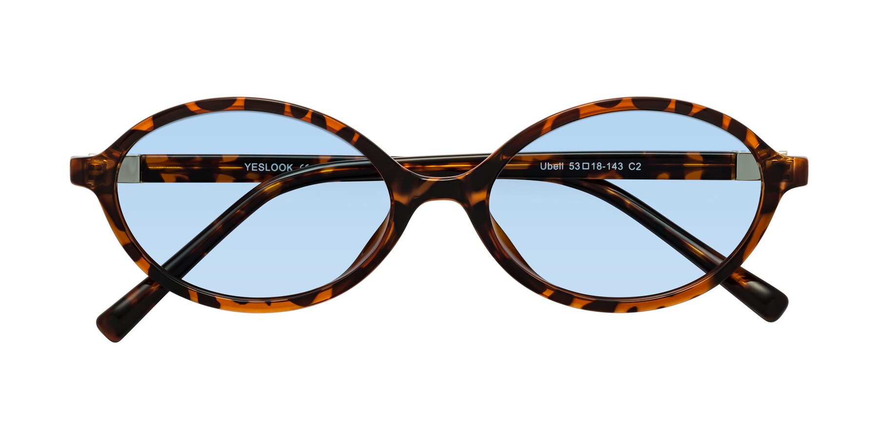 Folded Front of Ubell in Tortoise with Light Blue Tinted Lenses