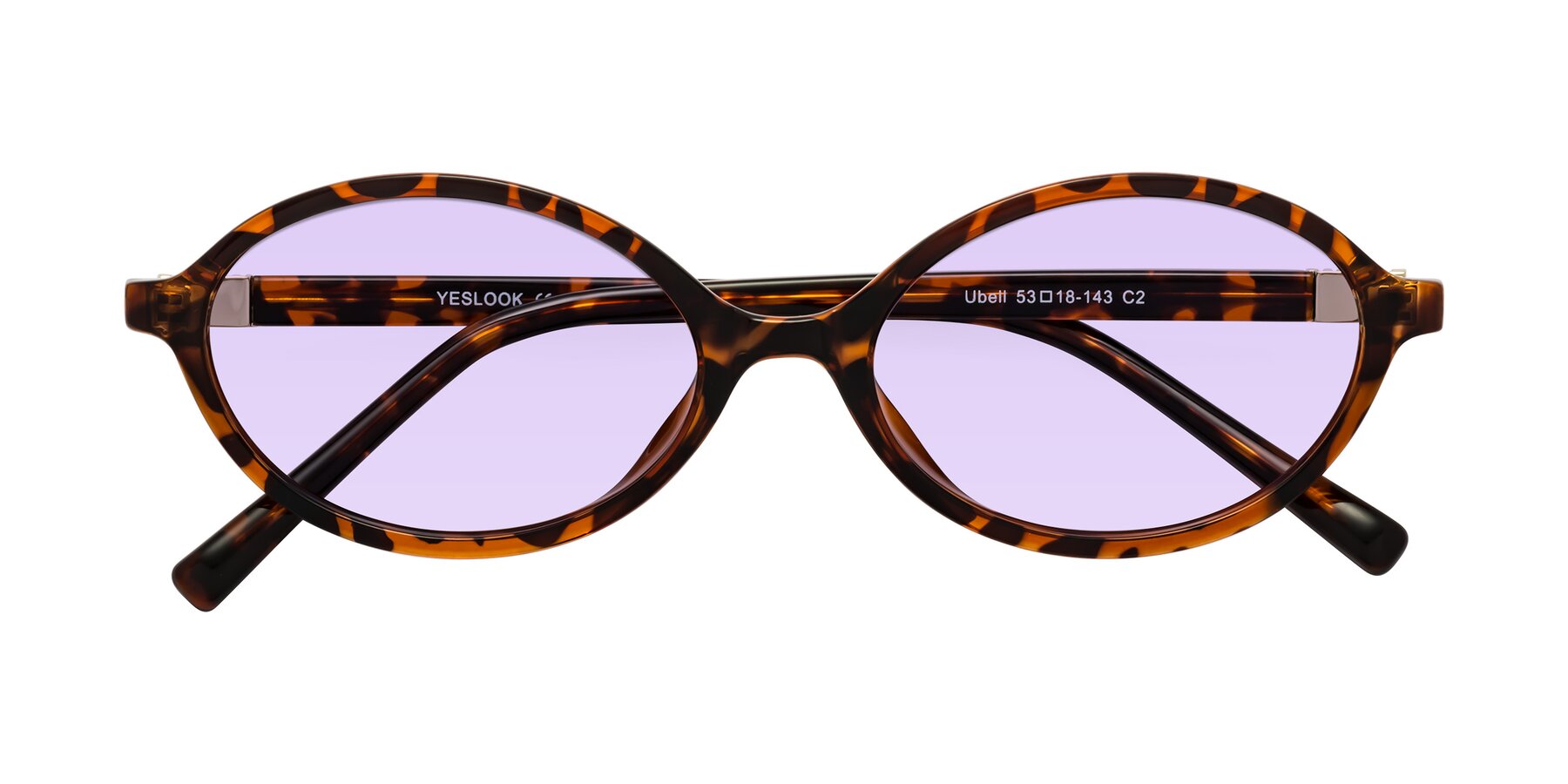 Folded Front of Ubell in Tortoise with Light Purple Tinted Lenses