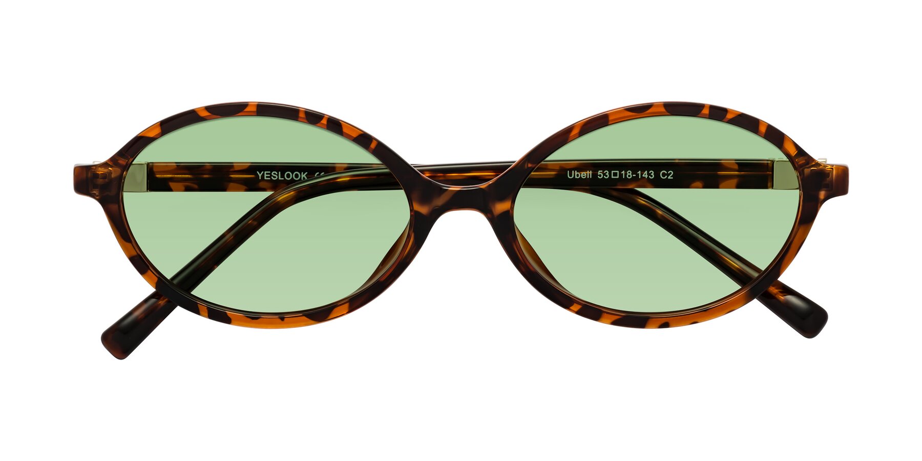 Folded Front of Ubell in Tortoise with Medium Green Tinted Lenses