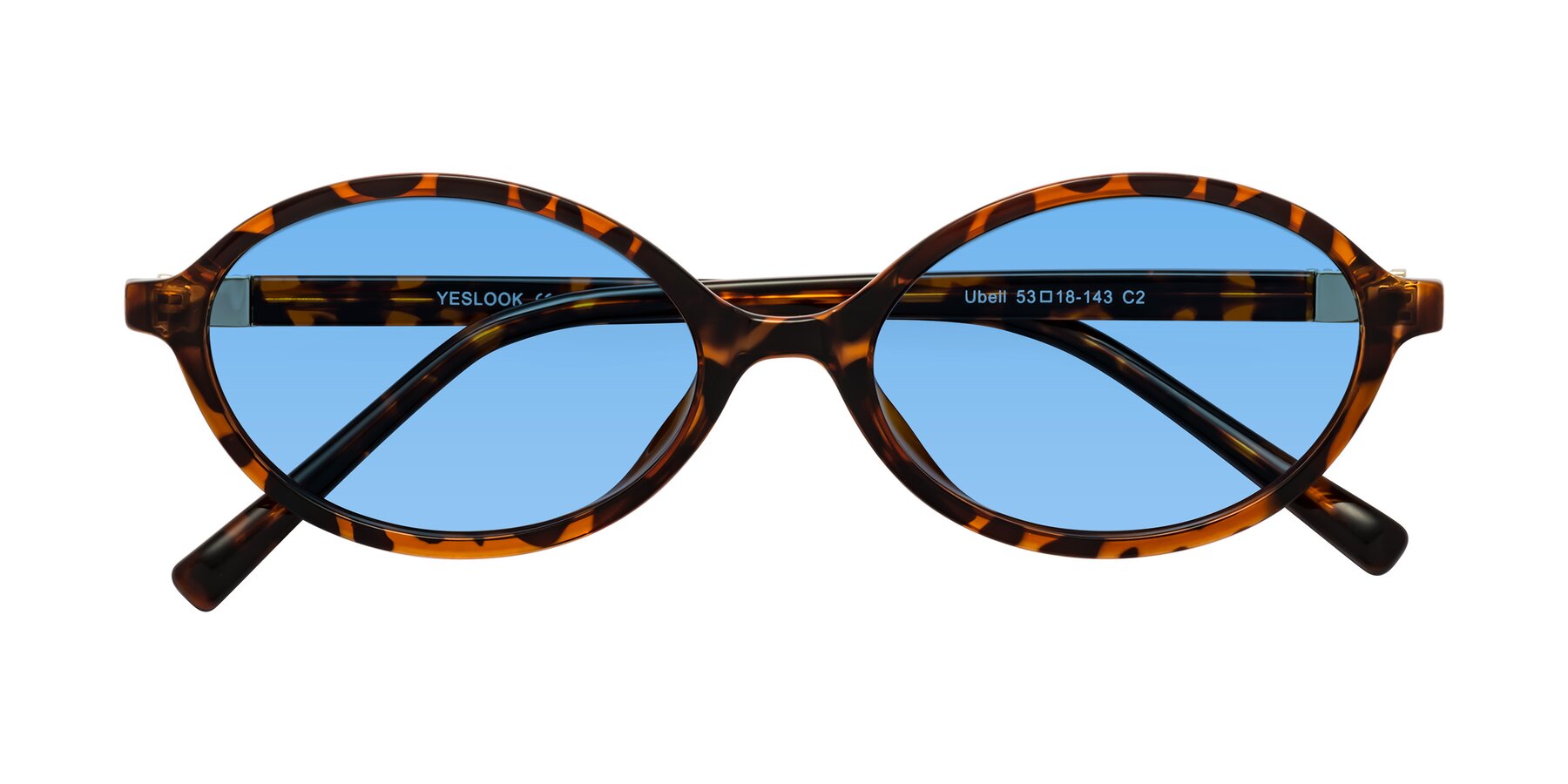 Folded Front of Ubell in Tortoise with Medium Blue Tinted Lenses