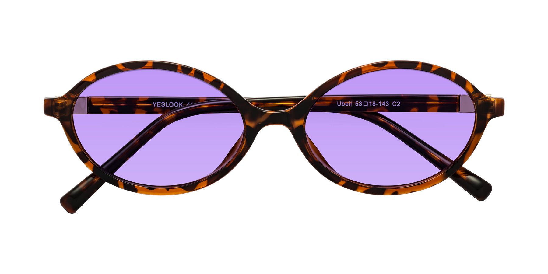 Folded Front of Ubell in Tortoise with Medium Purple Tinted Lenses