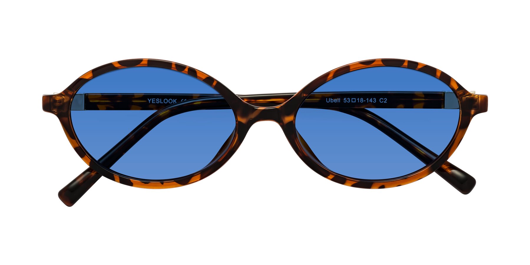 Folded Front of Ubell in Tortoise with Blue Tinted Lenses
