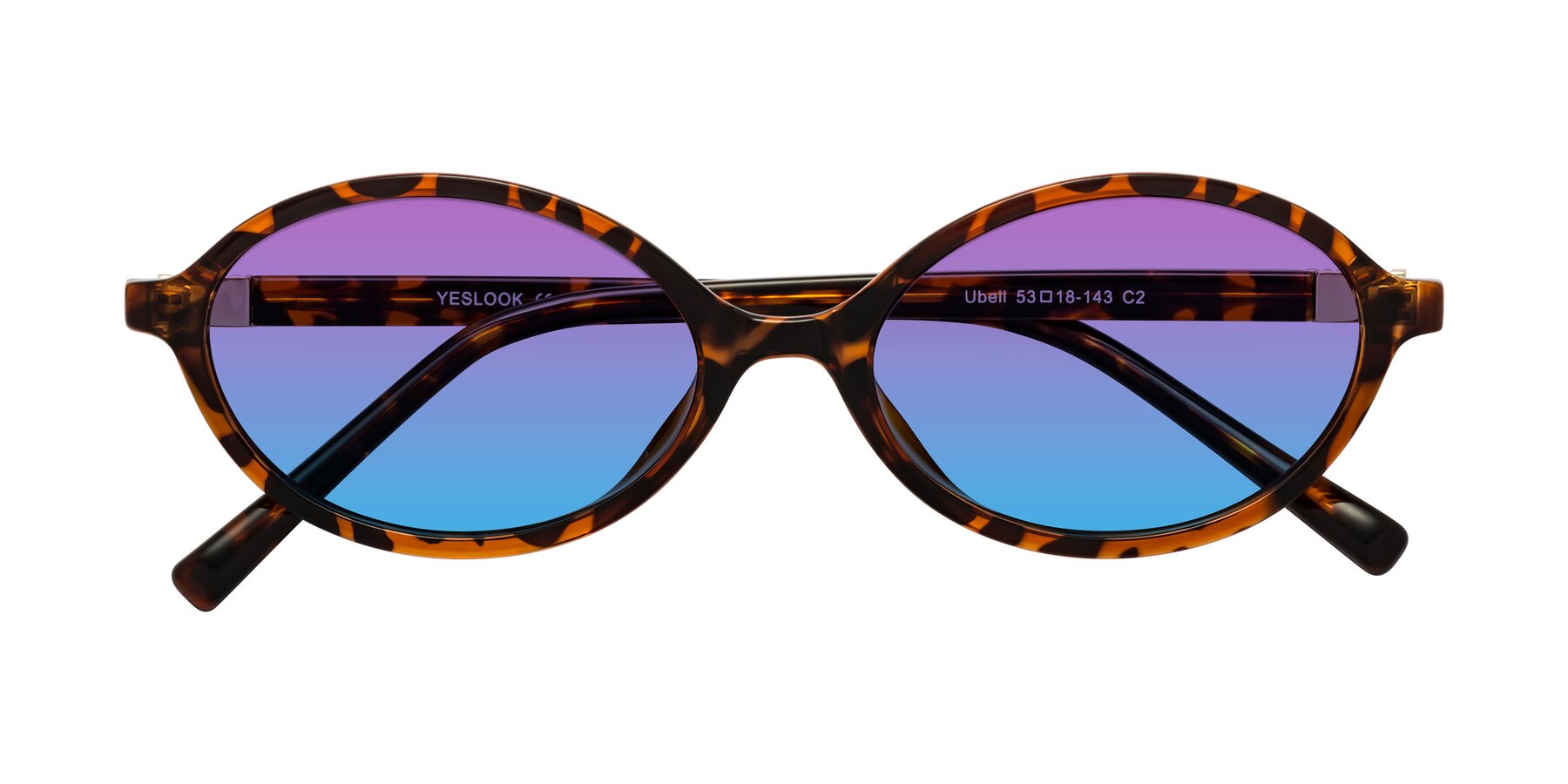 Folded Front of Ubell in Tortoise with Purple / Blue Gradient Lenses