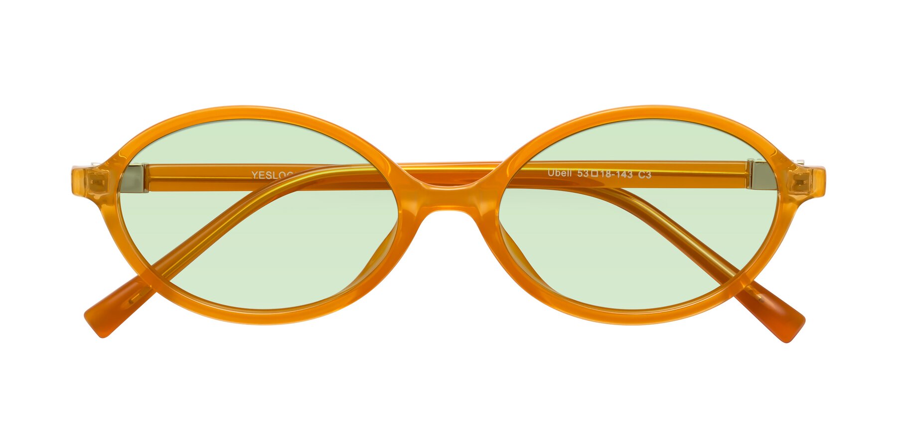 Folded Front of Ubell in Orange with Light Green Tinted Lenses