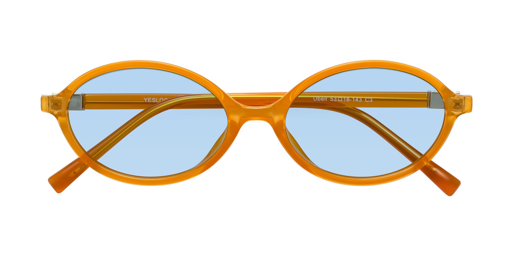 Folded Front of Ubell in Orange with Light Blue Tinted Lenses