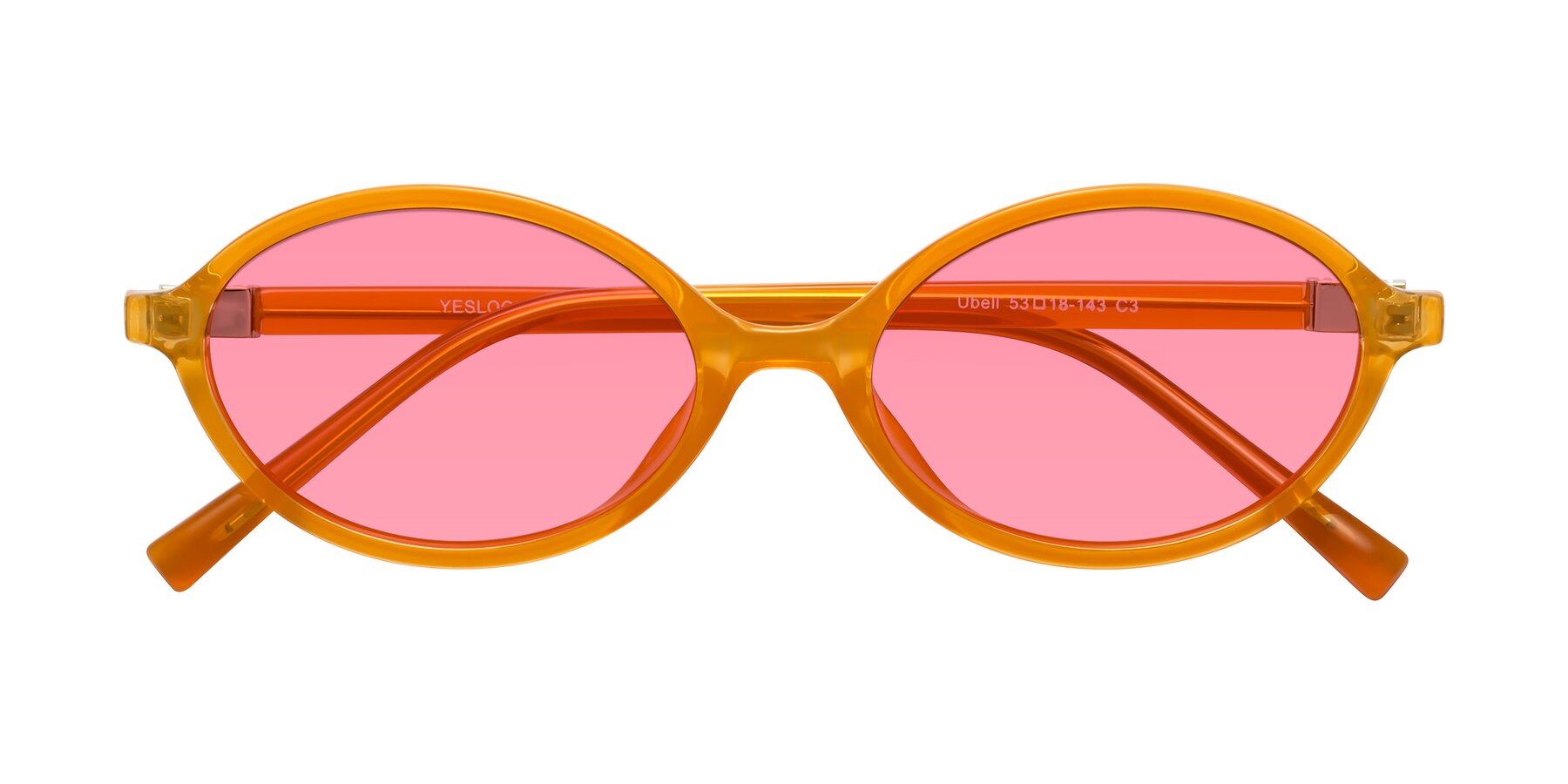 Folded Front of Ubell in Orange with Pink Tinted Lenses