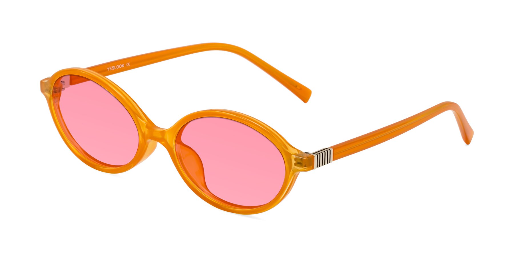 Angle of Ubell in Orange with Pink Tinted Lenses