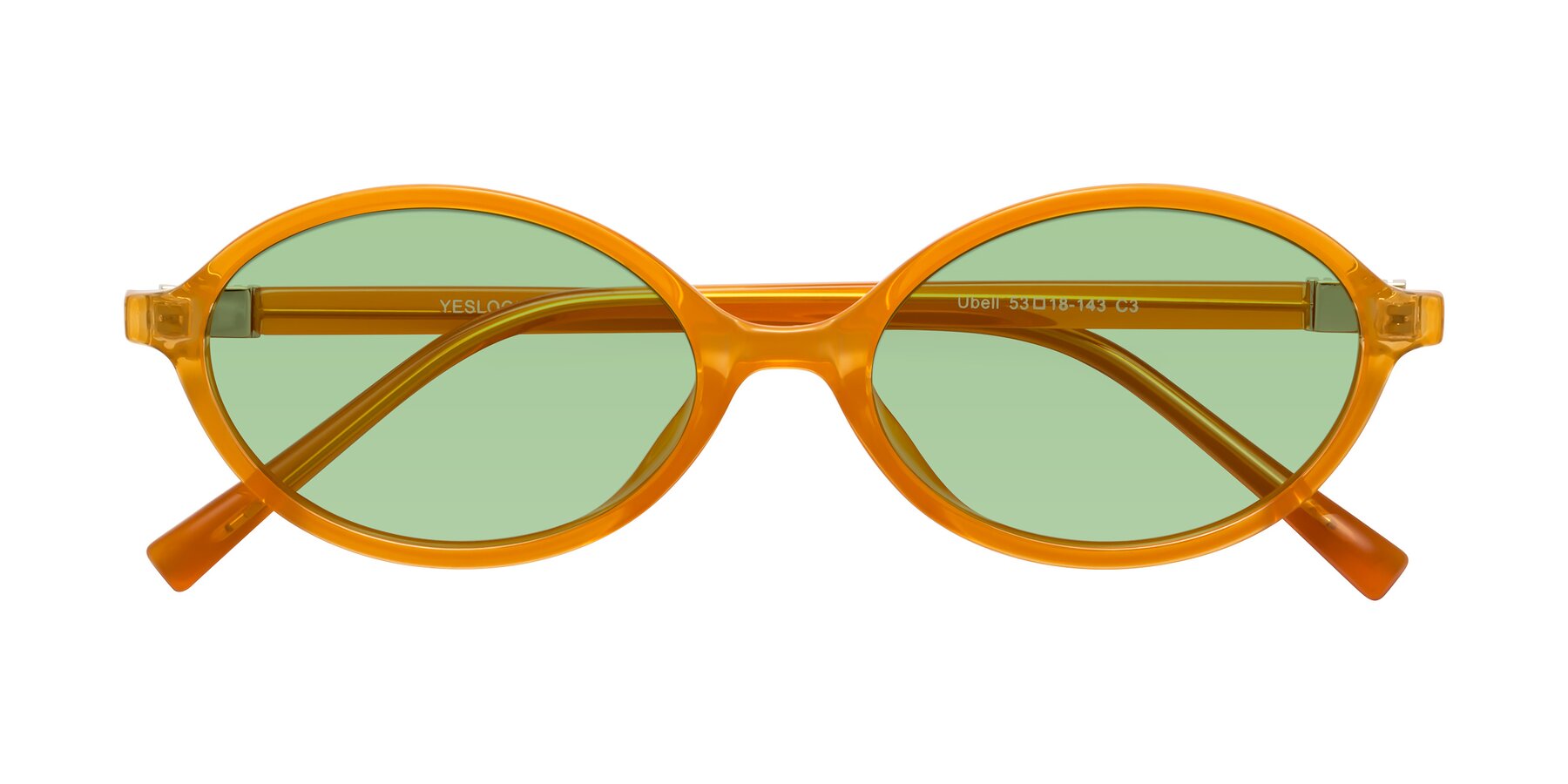 Folded Front of Ubell in Orange with Medium Green Tinted Lenses