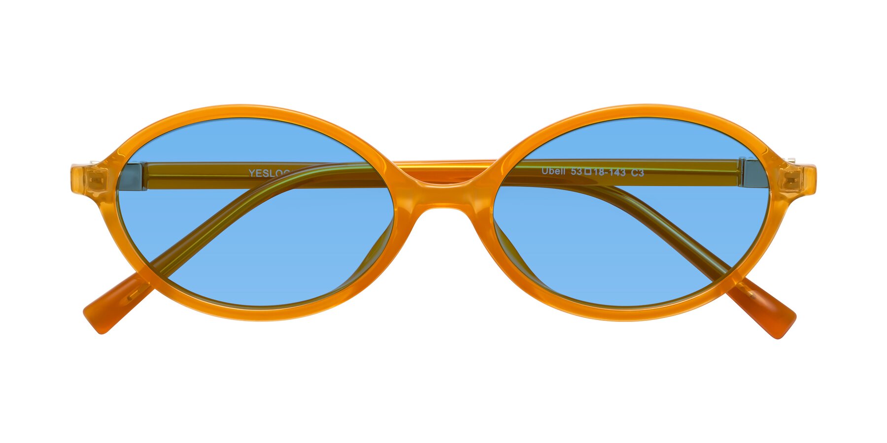 Folded Front of Ubell in Orange with Medium Blue Tinted Lenses