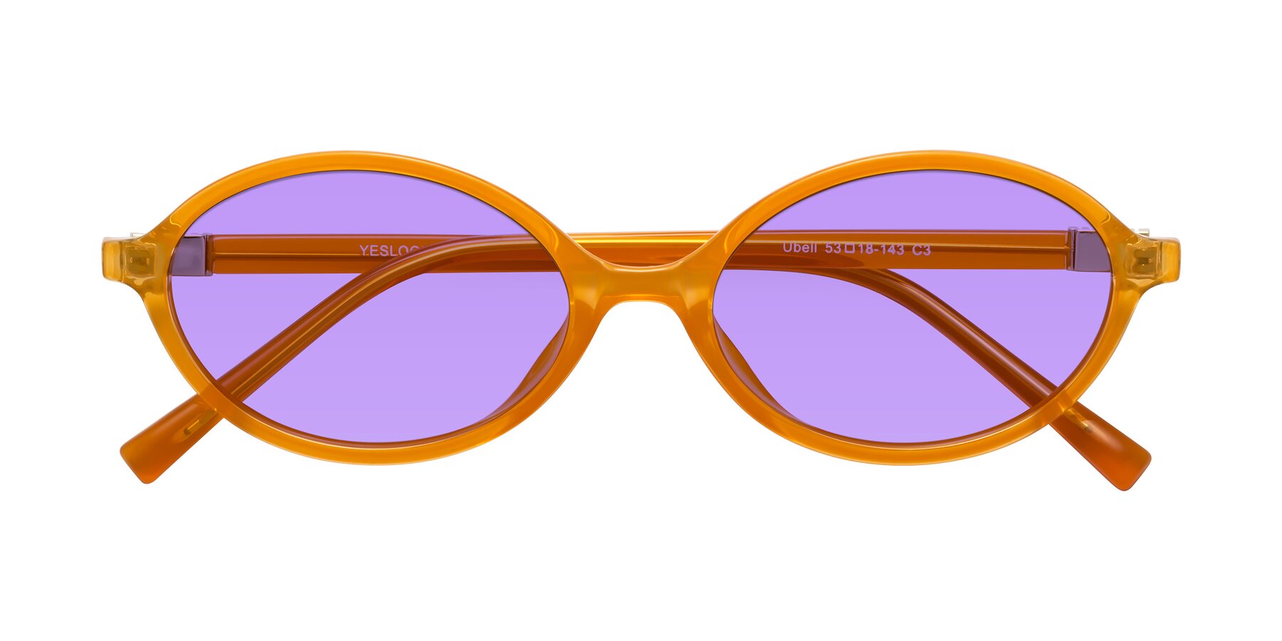 Folded Front of Ubell in Orange with Medium Purple Tinted Lenses