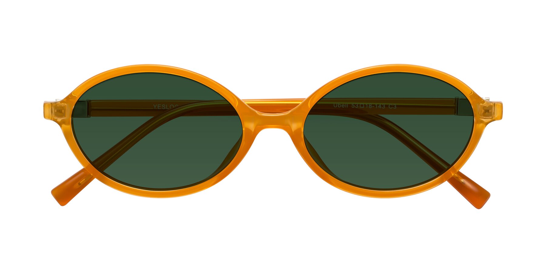 Folded Front of Ubell in Orange with Green Tinted Lenses