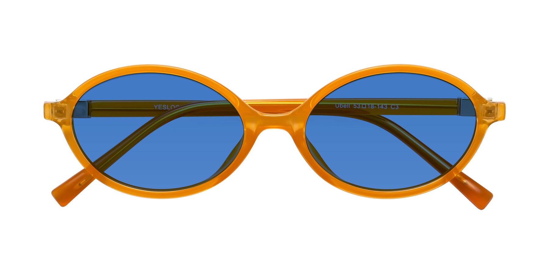 Folded Front of Ubell in Orange with Blue Tinted Lenses