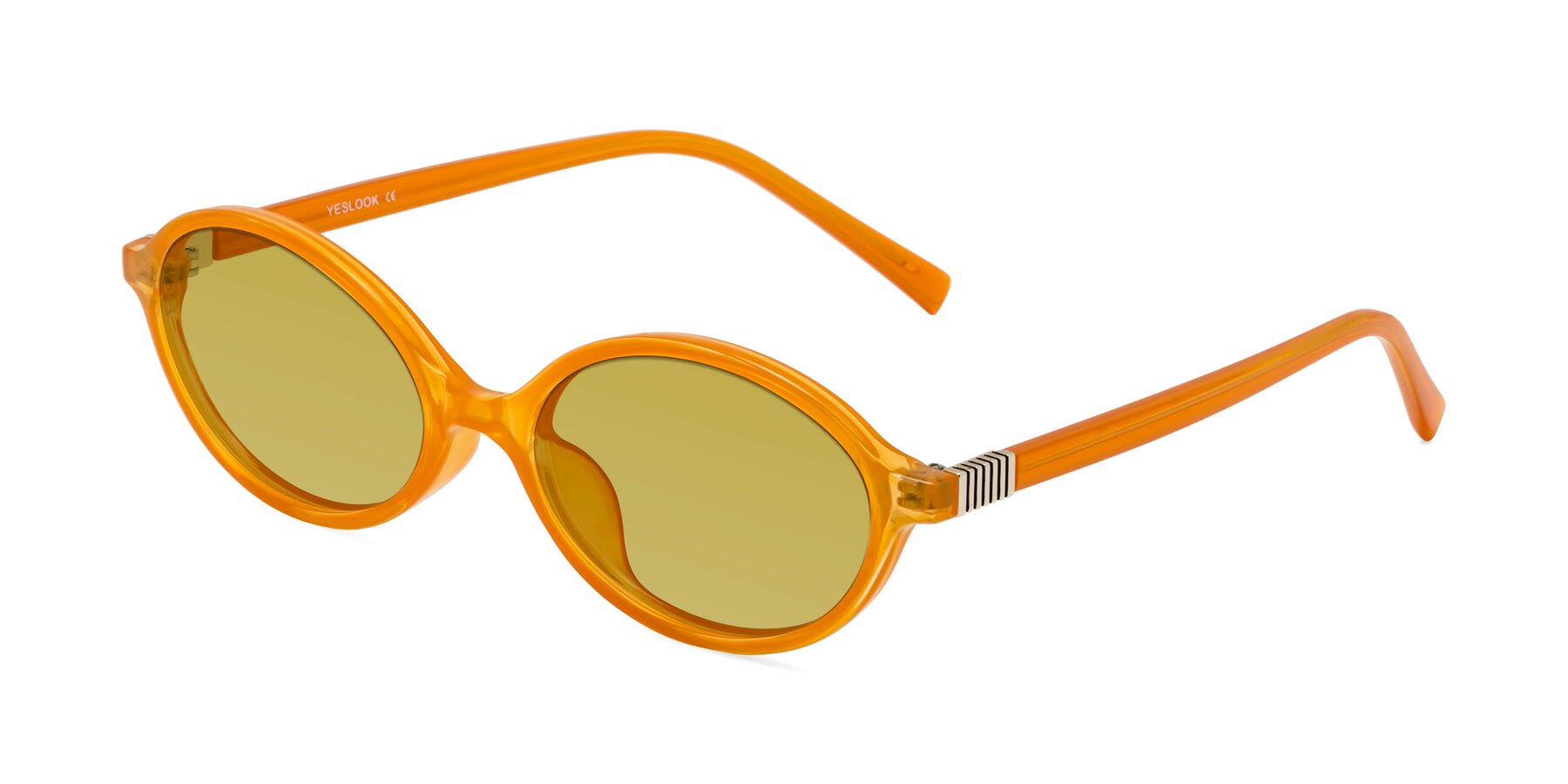 Angle of Ubell in Orange with Champagne Tinted Lenses