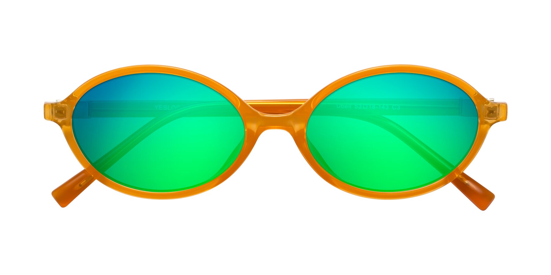 Folded Front of Ubell in Orange with Green Mirrored Lenses