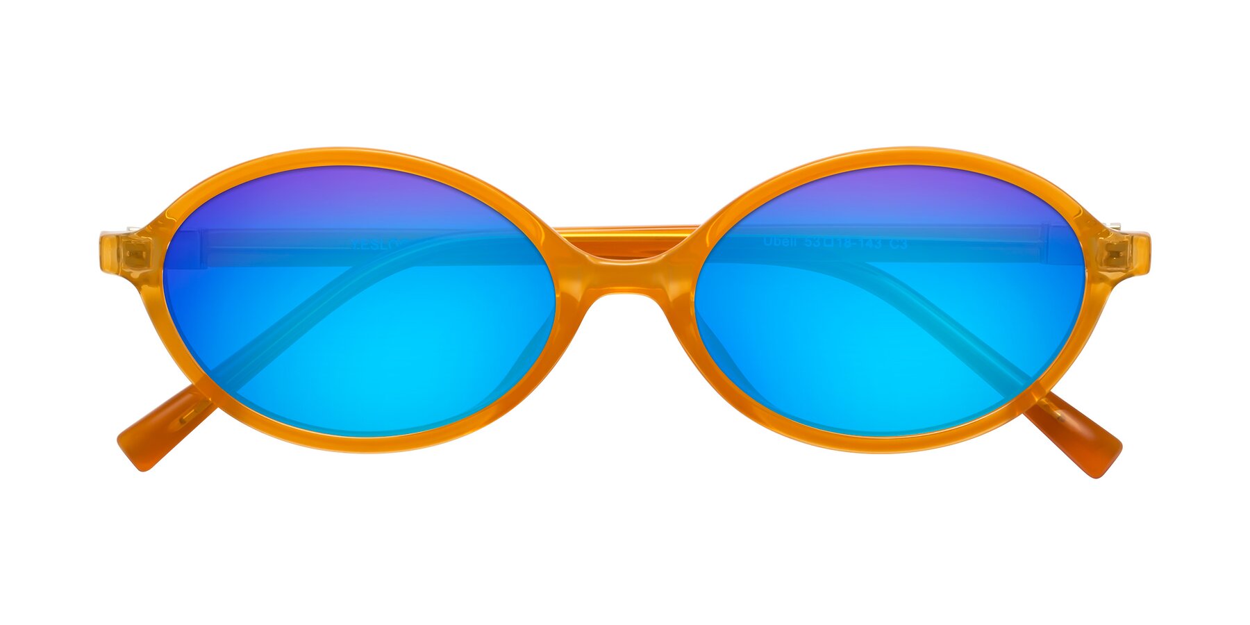 Folded Front of Ubell in Orange with Blue Mirrored Lenses
