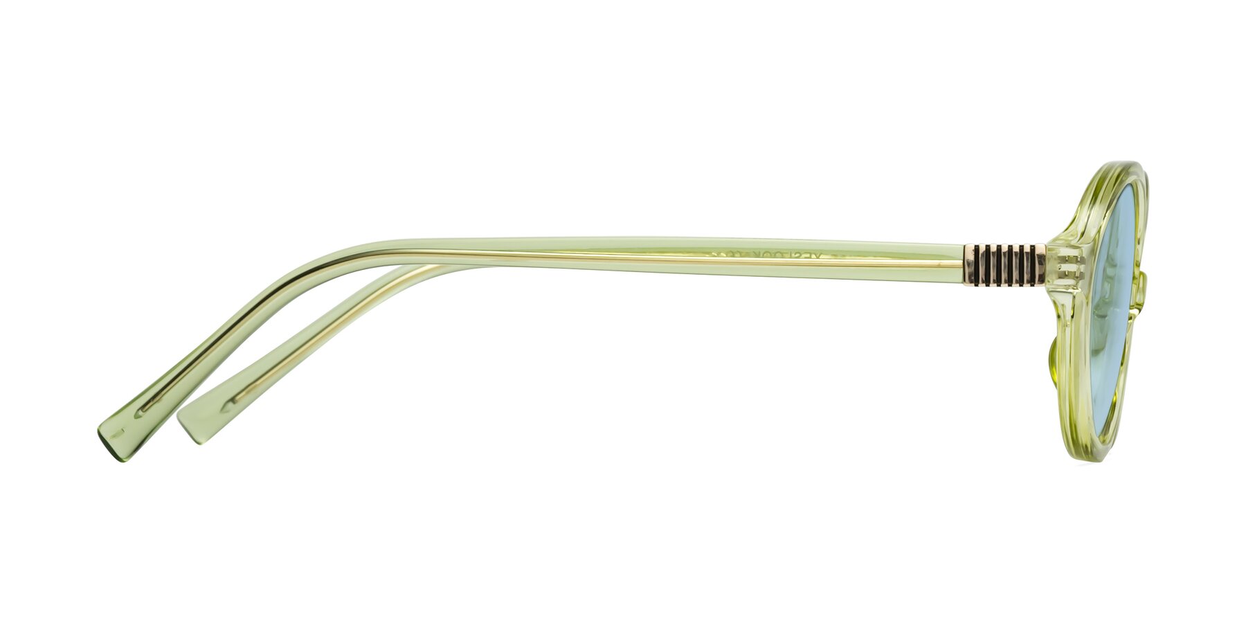 Side of Ubell in Transparent Green with Light Blue Tinted Lenses