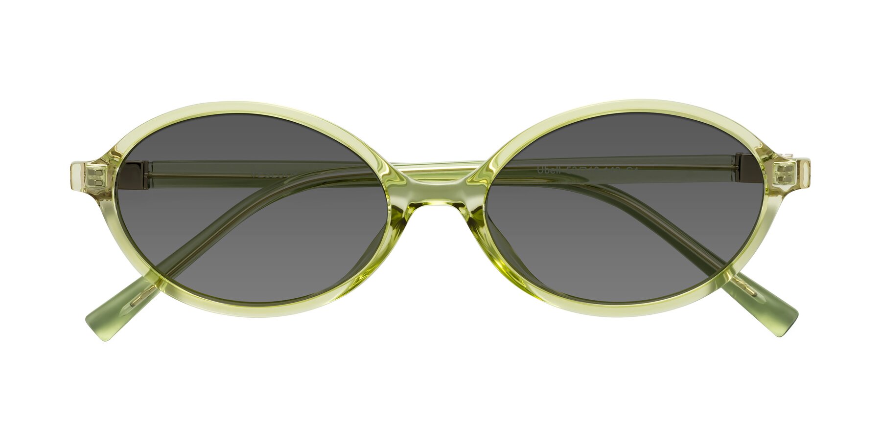 Folded Front of Ubell in Transparent Green with Medium Gray Tinted Lenses