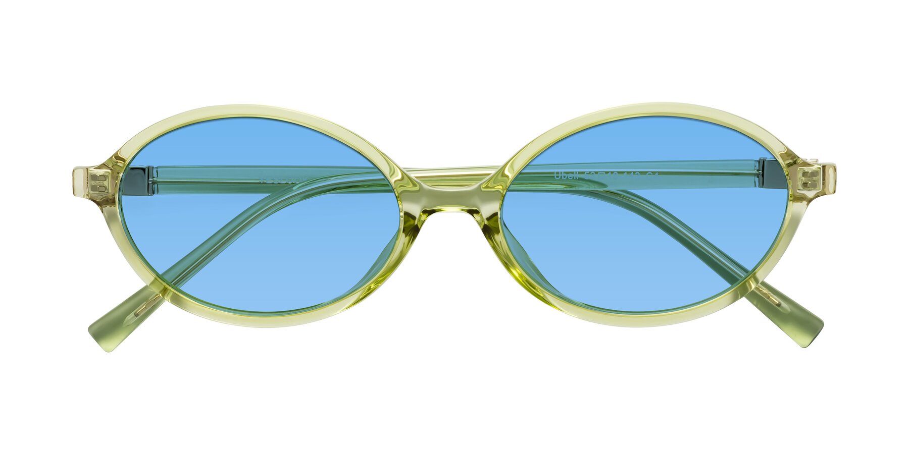 Folded Front of Ubell in Transparent Green with Medium Blue Tinted Lenses