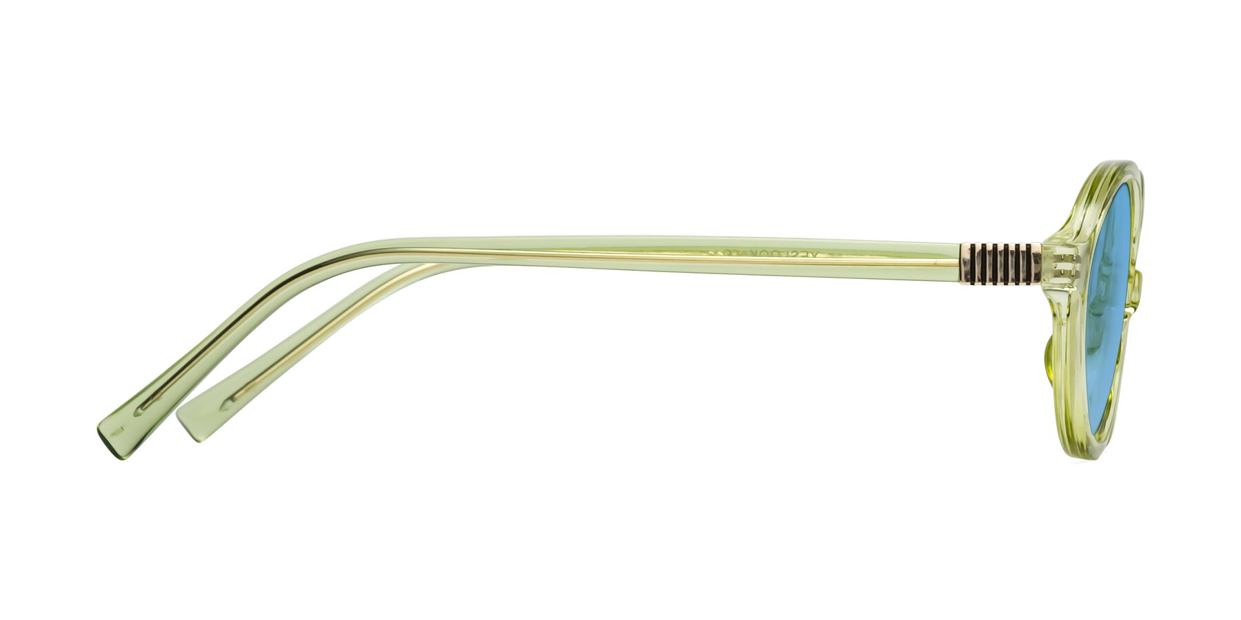 Side of Ubell in Transparent Green with Medium Blue Tinted Lenses