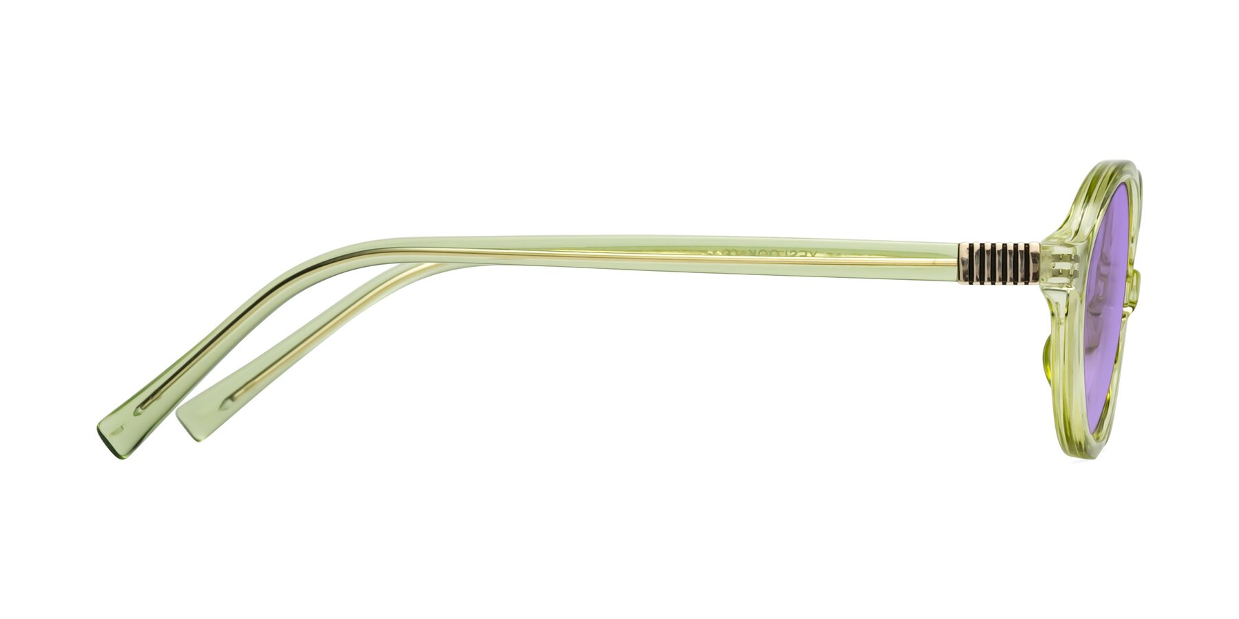 Side of Ubell in Transparent Green with Medium Purple Tinted Lenses