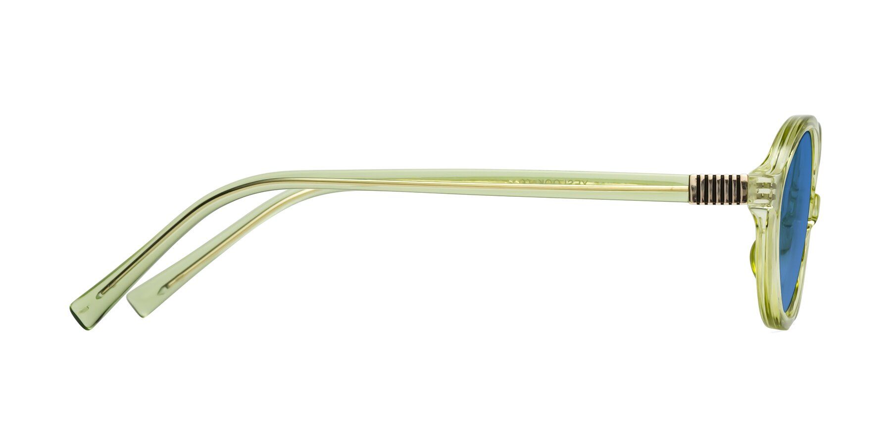 Side of Ubell in Transparent Green with Blue Tinted Lenses